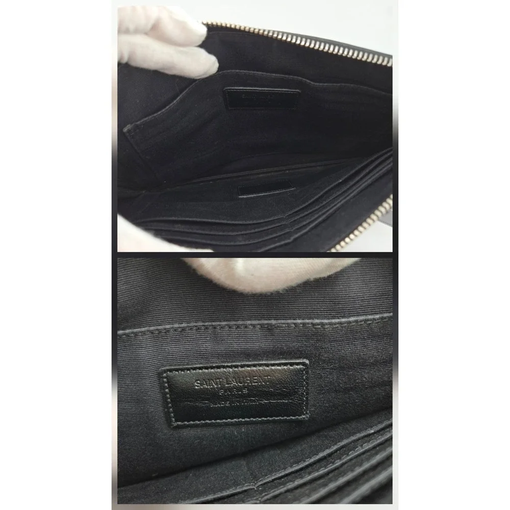 Saint Laurent Paris Black Leather Patch Clutch Glitter Diamond Pouch COA